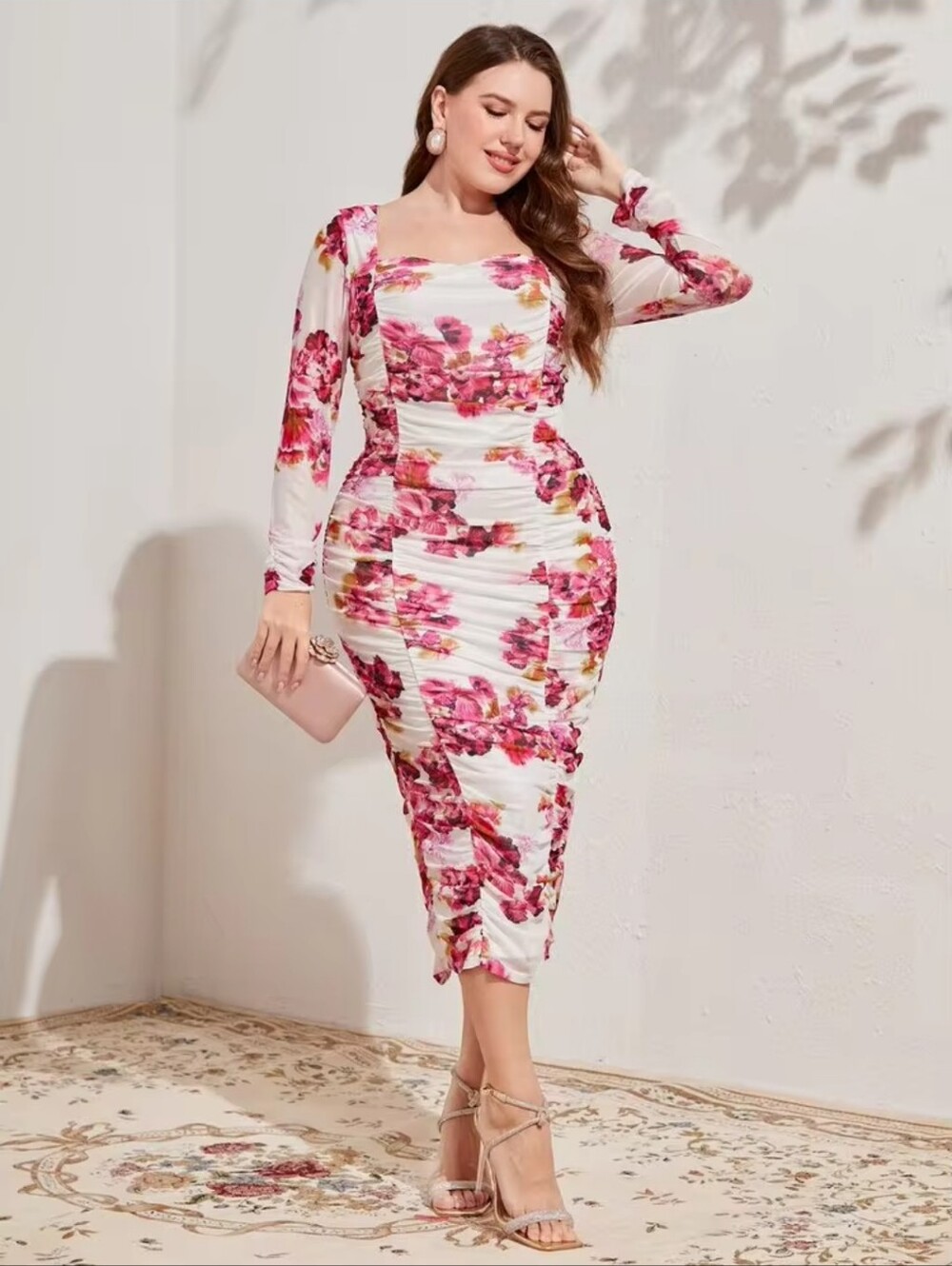 SHEIN Pink Floral Ruched Midi Dress